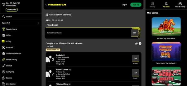 Parimatch betting interface showing horse racing odds and promotions