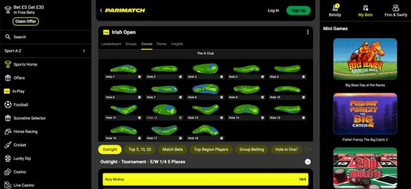 Parimatch Irish Open golf betting odds and course view with outright markets displayed