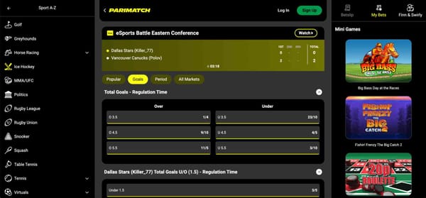 Parimatch live betting screen showing Dallas Stars vs Vancouver Canucks match with odds and markets – when do Parimatch bonus bets expire