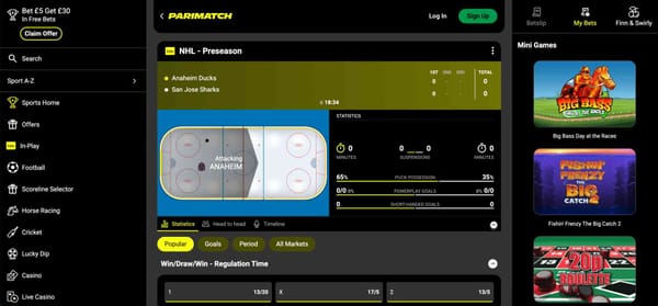 Parimatch live betting interface showing NHL preseason game between Anaheim Ducks and San Jose Sharks, useful for players wondering does Parimatch accept Visa gift cards.