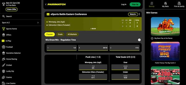 Parimatch live betting screen showing Winnipeg Jets vs Edmonton Oilers match – does Parimatch accept JazzCash Pakistan
