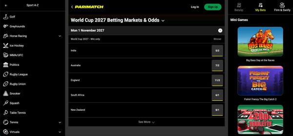 Parimatch World Cup 2027 betting markets and odds showing India, Australia, England, South Africa, and New Zealand.