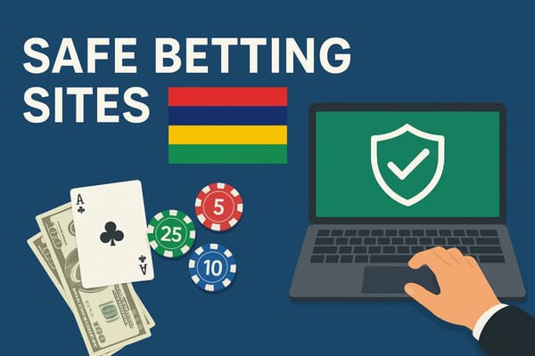 Illustration promoting safe betting sites in Mauritius with playing cards, poker chips, and laptop security icon.