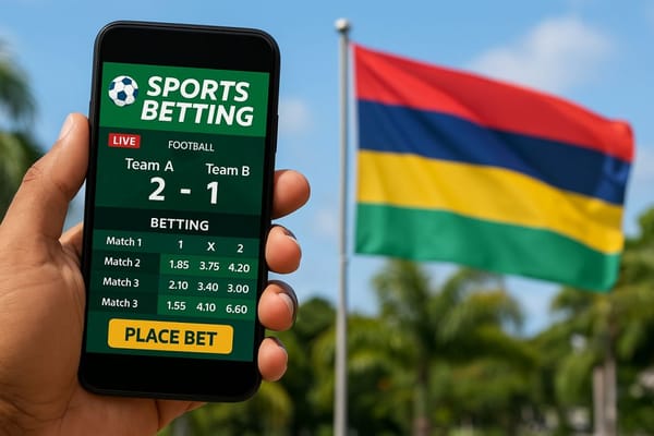 A person using a mobile sports betting app in front of the Mauritius flag, representing sports betting in Mauritius.