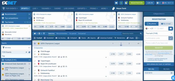 UEFA Champions League betting odds on 1xBet platform showing upcoming fixtures including Newcastle vs Barcelona – does 1xBet refund red card bets?