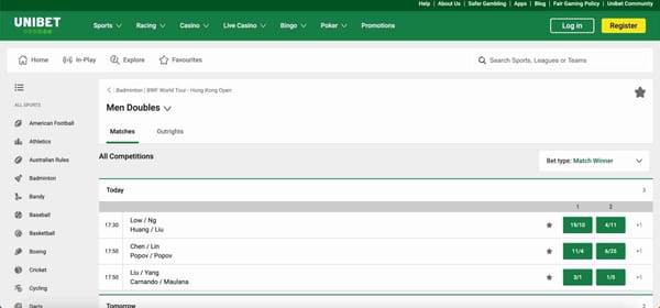 Unibet betting page showing badminton men’s doubles matches and odds – can I bet anonymously on Unibet