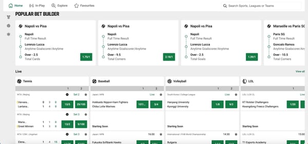 Unibet betting dashboard showing live sports odds and matches including Napoli vs Pisa and Marseille vs Paris SG.