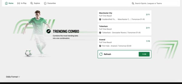 Unibet football betting trending combo options for Manchester City, Tottenham, and Arsenal matches in Pakistan