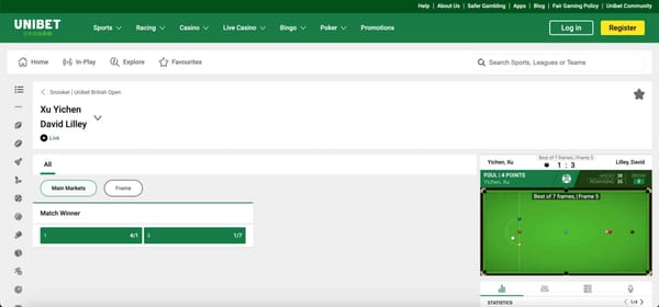 Unibet live betting screen showing snooker match between Xu Yichen and David Lilley, with match odds and in-play stats for users in the Philippines considering Unibet GCash deposit.