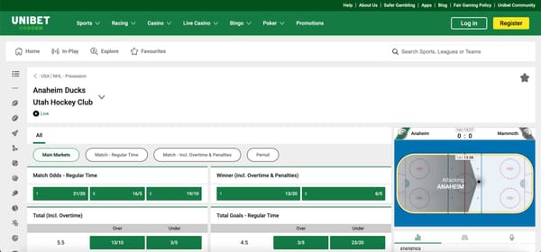 Unibet live betting interface showing NHL preseason match odds and statistics, relevant to the question does Unibet require KYC for wagering.