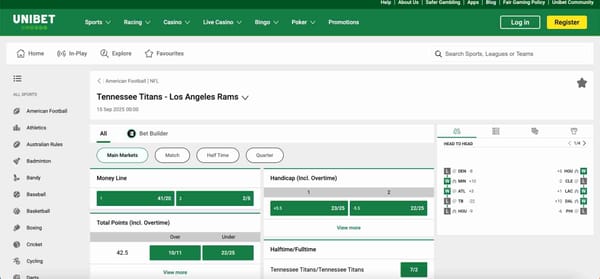 Unibet betting markets for Tennessee Titans vs Los Angeles Rams showing money line, total points, and handicap options