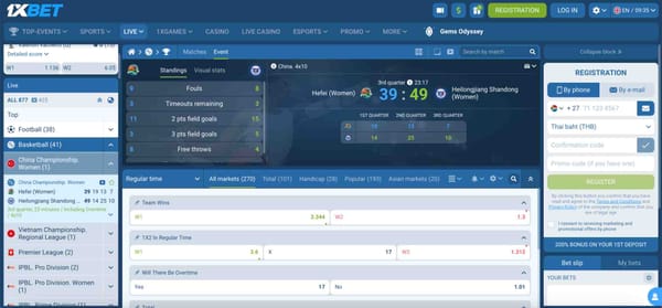 Live basketball match on 1xBet showing Hefei Women vs Heilongjiang Shandong Women with betting odds and in-play stats, illustrating 1xBet cash out options.