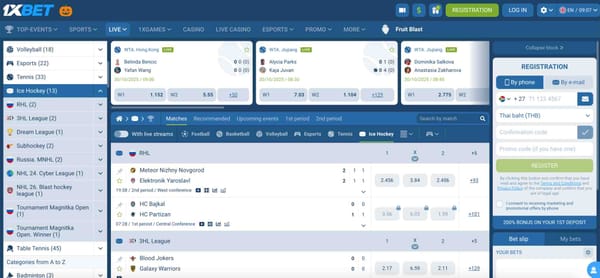 1xBet sports betting homepage showing live matches and registration options — does 1xBet accept BLIK Poland.