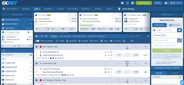 1xBet India live betting dashboard showing tennis and basketball matches — example of 1xBet Netbanking deposit interface for users in India.