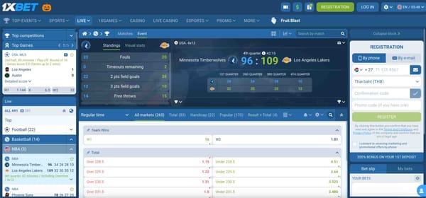 1xBet live betting page showing Minnesota Timberwolves vs Los Angeles Lakers scoreboard during fourth quarter — example from article on whether 1xBet can cancel a withdrawal.