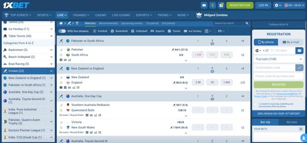 Live cricket betting screen on 1xBet showing Pakistan vs South Africa match and odds — what happens if a cricket match is tied in 1xBet