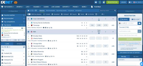 1xBet betting dashboard showing live football and basketball matches — used in a guide on whether you can deposit to 1xBet with Revolut.