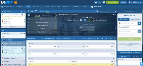 Live football match view on 1xBet showing Baltika Women vs Strogino Women statistics and betting odds — what happens if a player gets injured 1xBet.