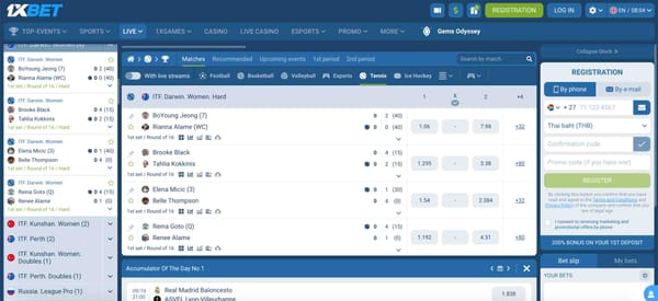 1xBet live tennis betting interface showing ITF Darwin Women matches and betting odds – example of 1xBet enhanced prices feature.