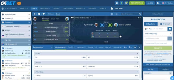 Screenshot of 1xBet live tennis betting interface showing Ajeet Rai vs Joshua Charlton, used in article about whether 1xBet works in Texas