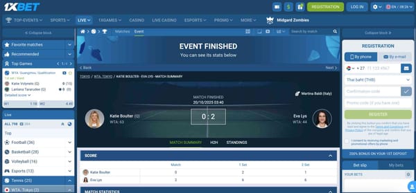 1xBet match summary showing tennis results between Katie Boulter and Eva Lys, highlighting where 1xBet gets their stats from in live WTA Tokyo coverage.