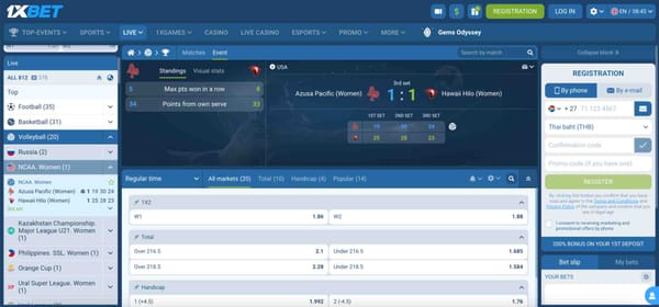 Live volleyball match on 1xBet between Azusa Pacific Women and Hawaii Hilo Women during NCAA Women’s game — showing betting odds and example for how to cancel a bet on 1xBet