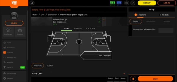 888sport live basketball betting interface showing Indiana Fever vs Las Vegas Aces game