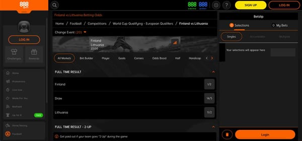 888sport football betting odds for Finland vs Lithuania showing match markets and full-time result options — 888sport Nubank deposit Brazil guide.