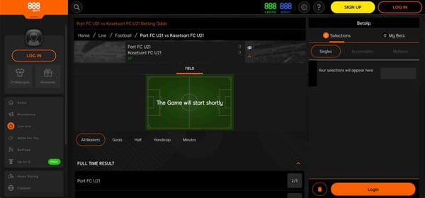 888sport match page displaying Port FC U21 vs Kasetsart FC U21 betting odds and live field view.
