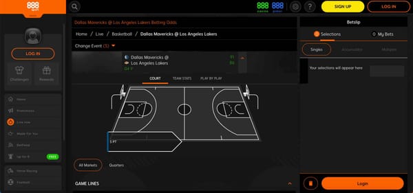Live basketball betting screen on 888sport showing Dallas Mavericks vs Los Angeles Lakers game.