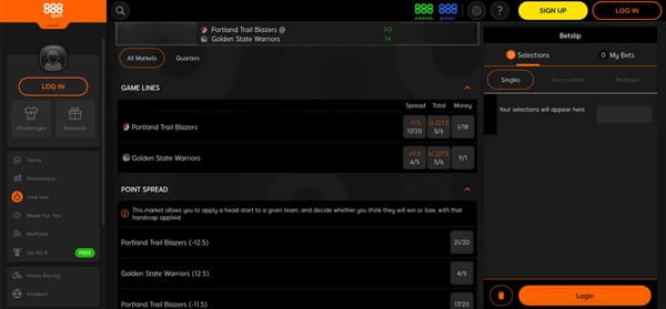 Live basketball betting screen on 888sport showing Portland Trail Blazers vs Golden State Warriors odds.