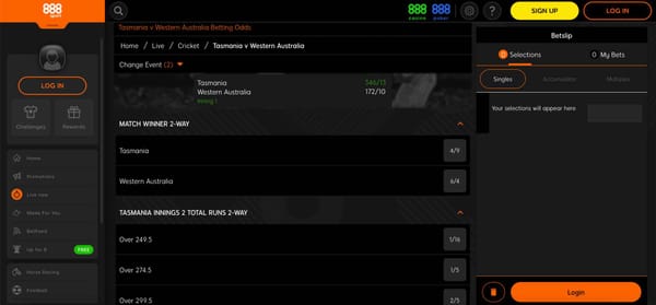Live cricket betting odds on 888sport showing Tasmania vs Western Australia match details