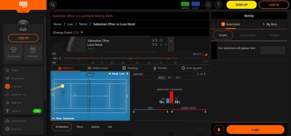 Live tennis match stats on 888sport showing Sebastian Ofner vs Luca Nardi with score updates and break point conversion details, illustrating where 888sport get their stats from.