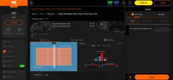 Live volleyball match screen on 888sport showing betting statistics during a game, related to 888sport deposit declined but money taken issue.
