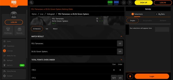 Live volleyball betting screen on 888sport showing FEU Tamaraws vs DLSU Green Spikers match odds and market options.