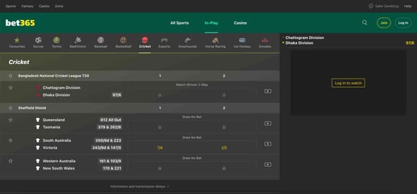 Bet365 cricket in-play betting screen showing Dhaka Division vs Chattogram Division scores, explaining what does dead heat mean on Bet365.