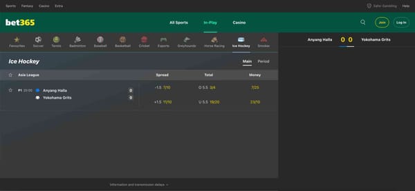 Bet365 Malaysia ice hockey betting screen showing Anyang Halla vs Yokohama Grits odds for Asia League, useful for EcoPayz deposit users.