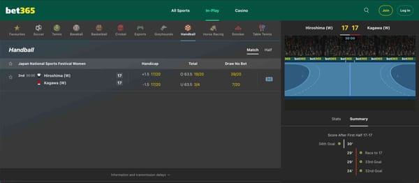Live Bet365 handball betting screen showing Hiroshima vs Kagawa women’s match odds and totals, illustrating in-play markets and cash out options.