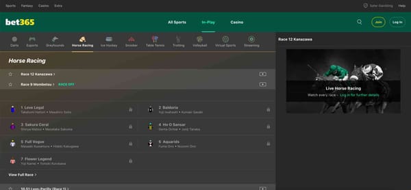Bet365 horse racing interface showing Kanazawa and Mombetsu races — example from Bet365 wire transfer withdrawal Australia article