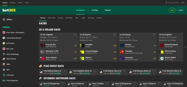 Screenshot of Bet365 horse racing page showing UK and Ireland race odds and upcoming events, relevant for Bet365 PIX deposit Brazil users.