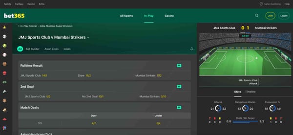 Bet365 live betting screen showing JMJ Sports Club vs Mumbai Strikers match with live stats and odds — example of in-play betting where users may ask does Bet365 refund red card bets.