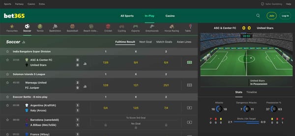 Bet365 in-play soccer dashboard showing live match stats and betting odds.