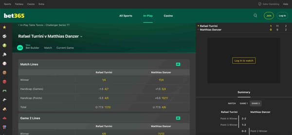Bet365 in-play table tennis odds showing Rafael Turrini vs Matthias Danzer, with live match betting options and statistics.