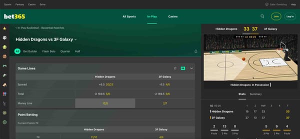 Bet365 in-play basketball match screen showing Hidden Dragons vs 3F Galaxy during live betting — example from article on how long does it take for Bet365 to verify your account.