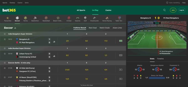 Bet365 in-play soccer dashboard showing Bengaluru B vs FC Real Bengaluru live match — helpful for users wondering can I have 2 Bet365 accounts.
