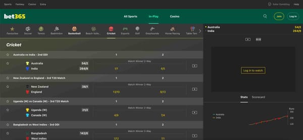 Live cricket betting odds on Bet365 showing ongoing matches and example of how bets are displayed, useful for understanding what happens if a bet is void on Bet365.