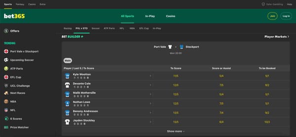 Screenshot of Bet365 showing Port Vale vs Stockport player markets and betting odds, illustrating how users can view match options when using Bet365 GCash deposit in the Philippines.