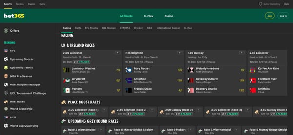 Bet365 racing and sports betting dashboard showing upcoming UK and Ireland horse races — exploring if you can bet anonymously on Bet365.