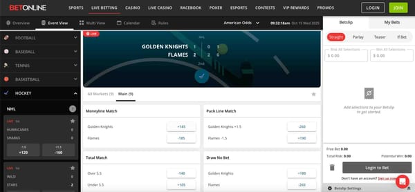 Live NHL betting screen on BetOnline showing Golden Knights vs Flames game odds with BetOnline GCash deposit Philippines option for players.