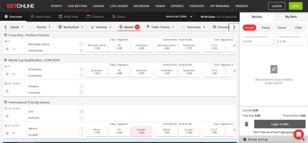 BetOnline live soccer odds screen showing matches and betting options, explaining BetOnline what is double chance.